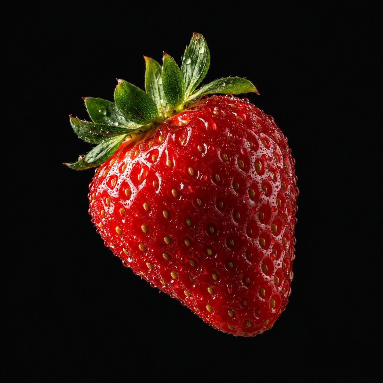 A ripe strawberry covered in droplets